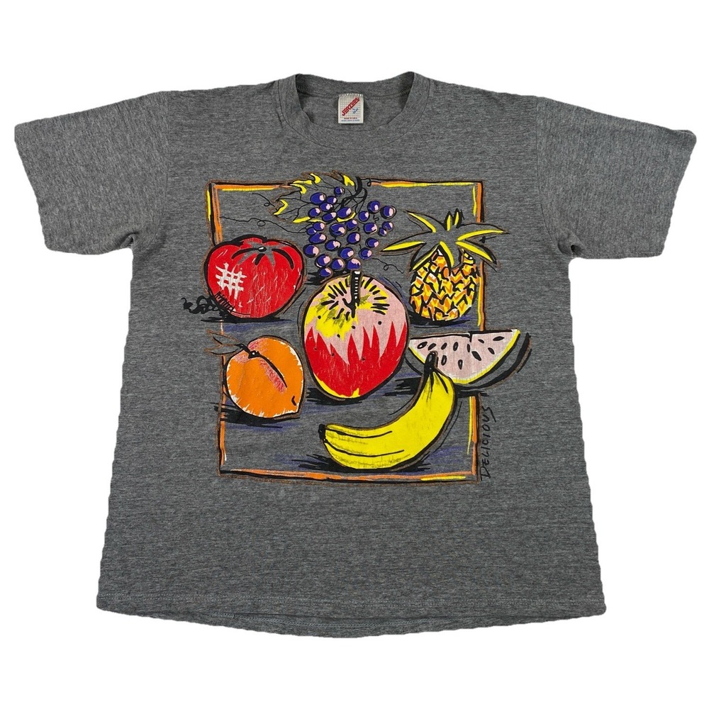 Vintage Fruits Graphic T-Shirt Gray Single Stitch USA Men's Large
